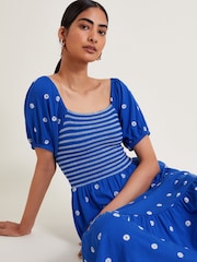 Monsoon Blue Susie Shirred Embroidered Midi Dress - Image 4 of 6