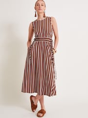 Monsoon Brown Stripe 100% Cotton Jersey Dress - Image 1 of 6