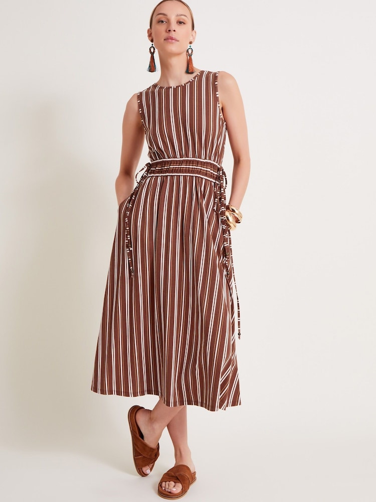 Monsoon Brown Stripe 100% Cotton Jersey Dress - Image 1 of 6