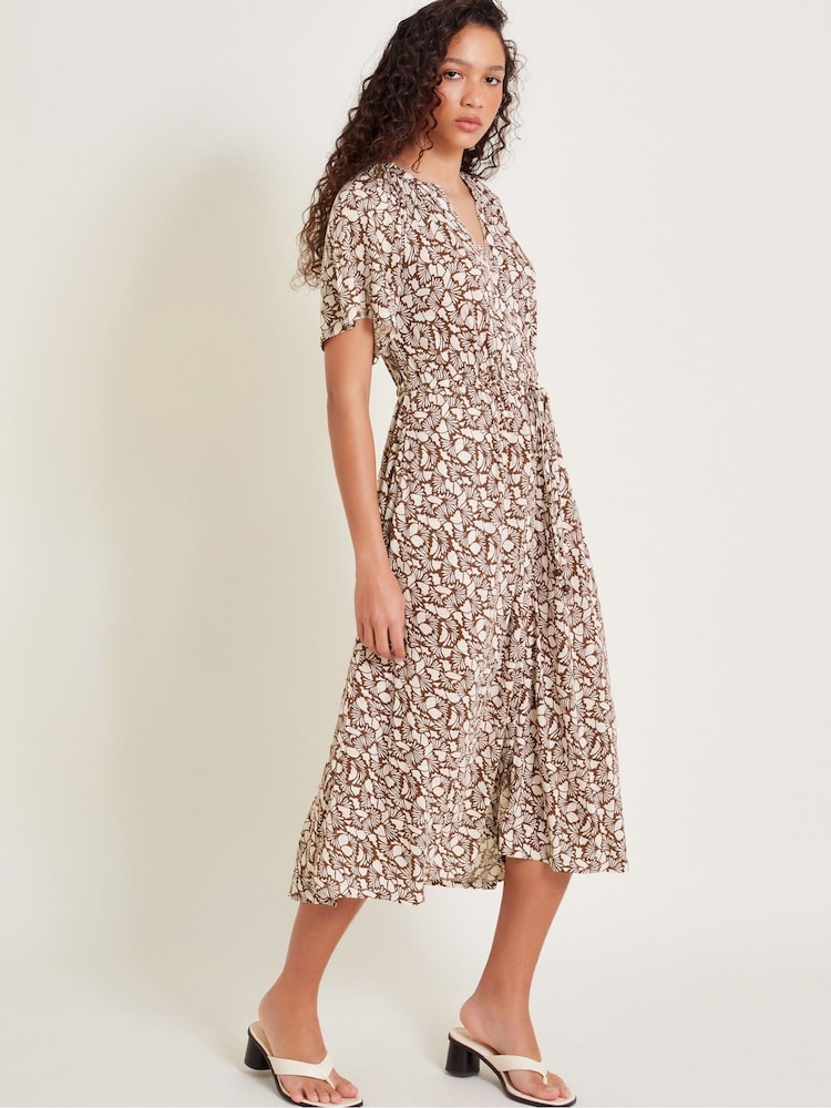 Monsoon Brown Natalia Jersey Print Shirt Dress - Image 1 of 6