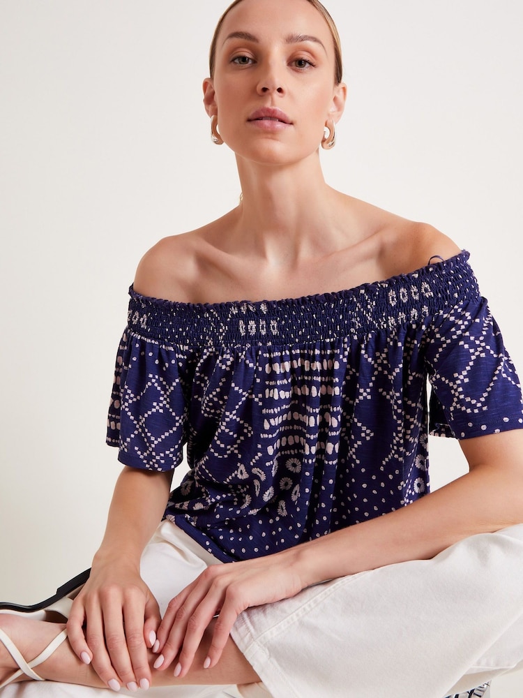 Monsoon Blue Cindy Print Bardot Top - Image 1 of 5
