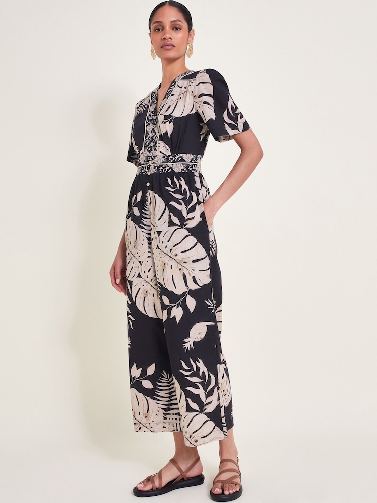 Monsoon Black Petra Palm Print 100% Cotton Jumpsuit - Image 1 of 6 Monsoon Black Petra Palm Print 100% Cotton Jumpsuit - Image 1 of 6