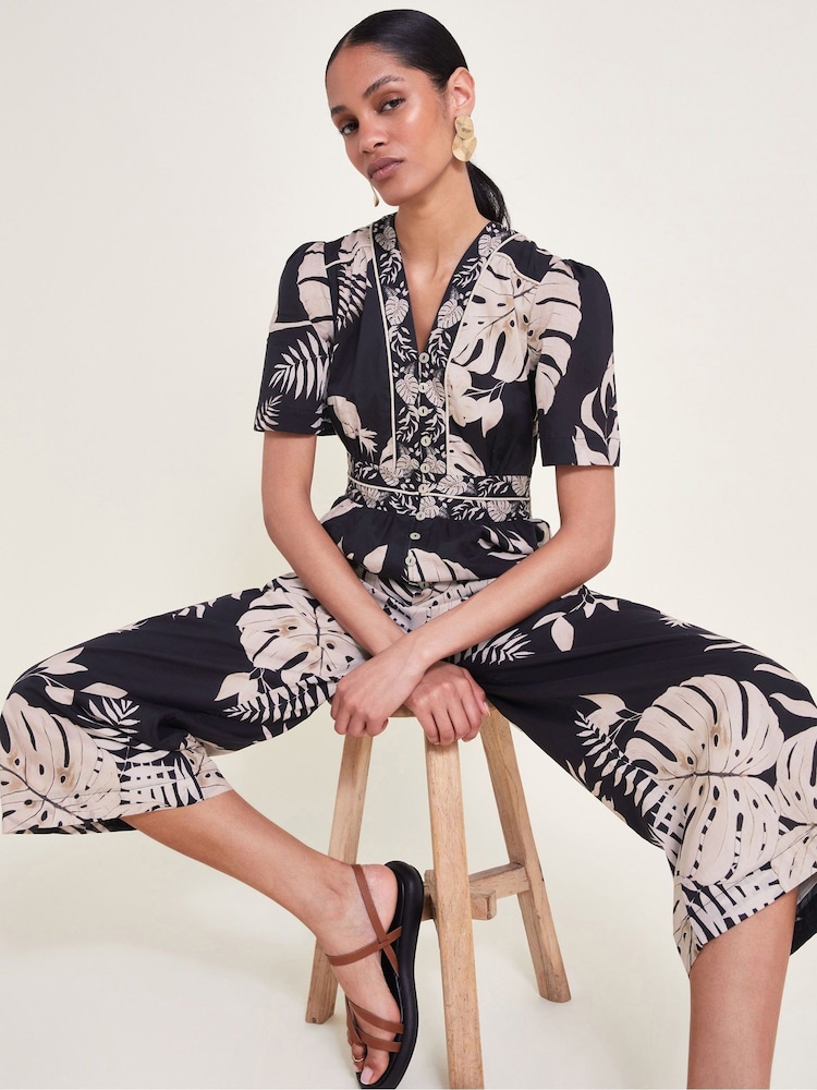 Monsoon Black Petra Palm Print 100% Cotton Jumpsuit - Image 2 of 6 Monsoon Black Petra Palm Print 100% Cotton Jumpsuit - Image 2 of 6
