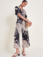 Monsoon Black Petra Palm Print 100% Cotton Jumpsuit - Image 5 of 6