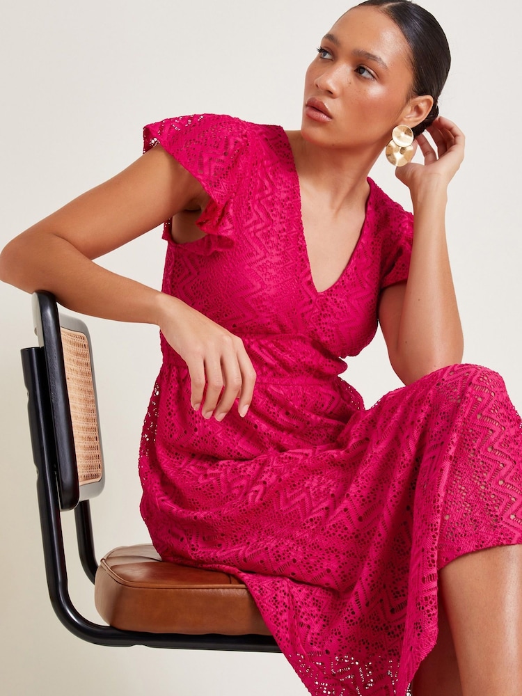 Monsoon Pink Lo Lace Jersey Dress - Image 1 of 7