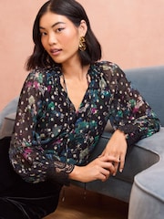 Love & Roses Black Scenic Petite V Neck Metallic Lace Cuff Long Sleeve Blouse - Image 1 of 4