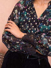 Love & Roses Black Scenic Petite V Neck Metallic Lace Cuff Long Sleeve Blouse - Image 2 of 4