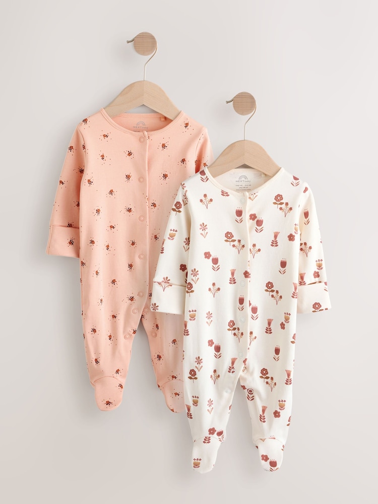 Pink/Cream 100% Cotton Ditsy Floral Sleepsuits 2 Pack - Image 1 of 4