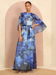 Love & Roses Blue Printed Cape Maxi Dress - Image 1 of 4