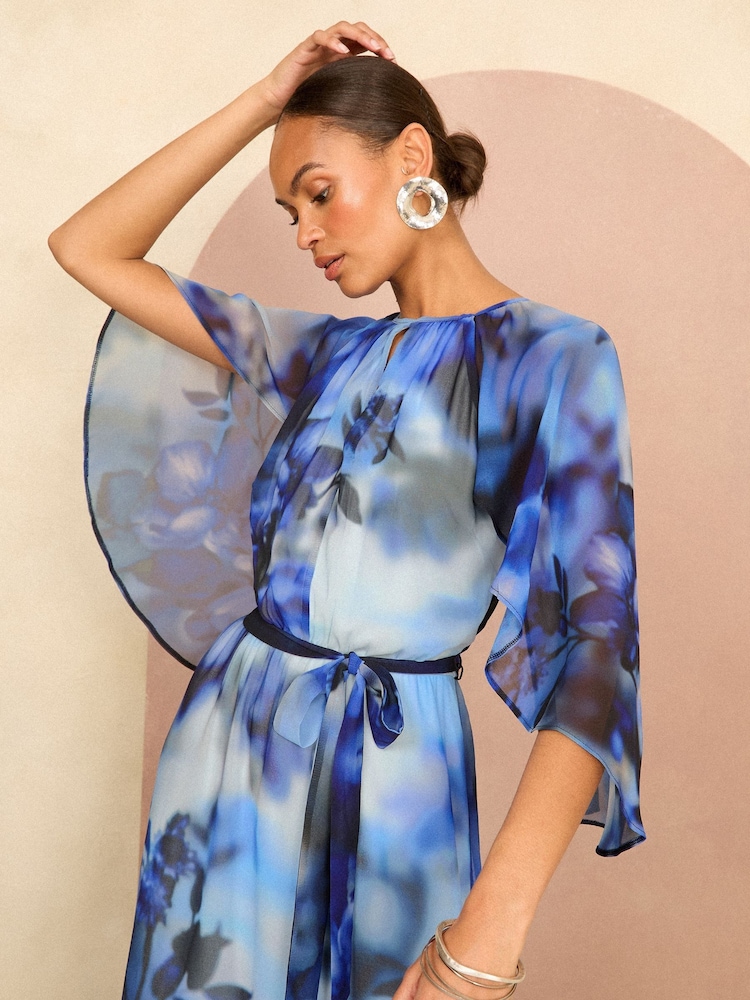 Love & Roses Blue Printed Cape Maxi Dress - Image 2 of 4