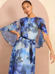 Love & Roses Blue Printed Cape Maxi Dress - Image 3 of 4