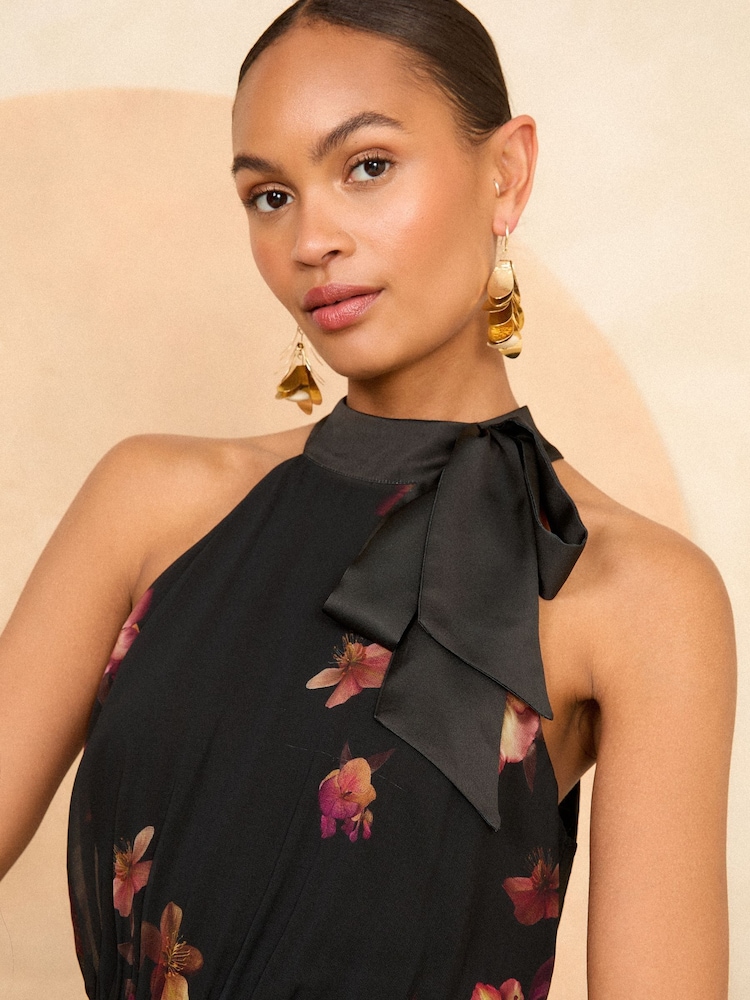 Love & Roses Black Floral Petite Halter Neck Belted Wide Leg Jumpsuit - Image 2 of 4