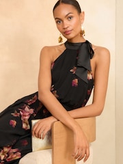 Love & Roses Black Floral Petite Halter Neck Belted Wide Leg Jumpsuit - Image 3 of 4