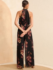 Love & Roses Black Floral Petite Halter Neck Belted Wide Leg Jumpsuit - Image 4 of 4