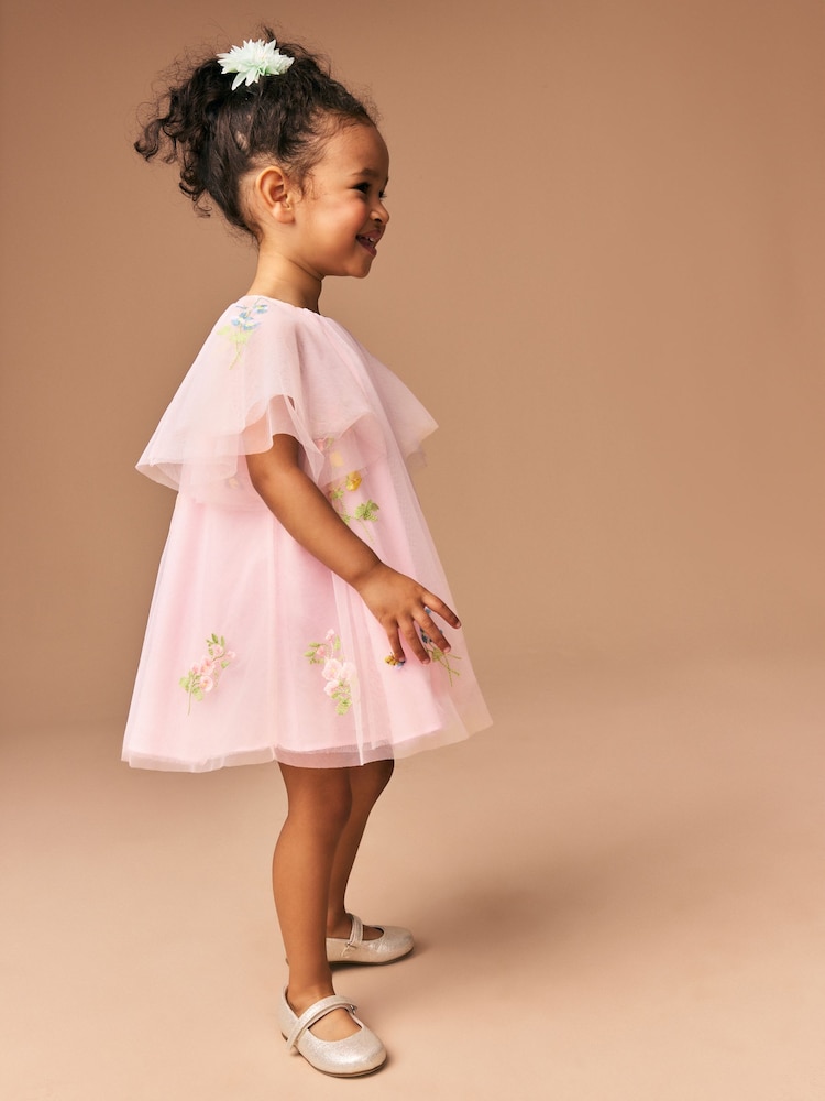 Pink Angel Sleeve Embroidered Mesh Dress (3mths-8yrs) - Image 4 of 9