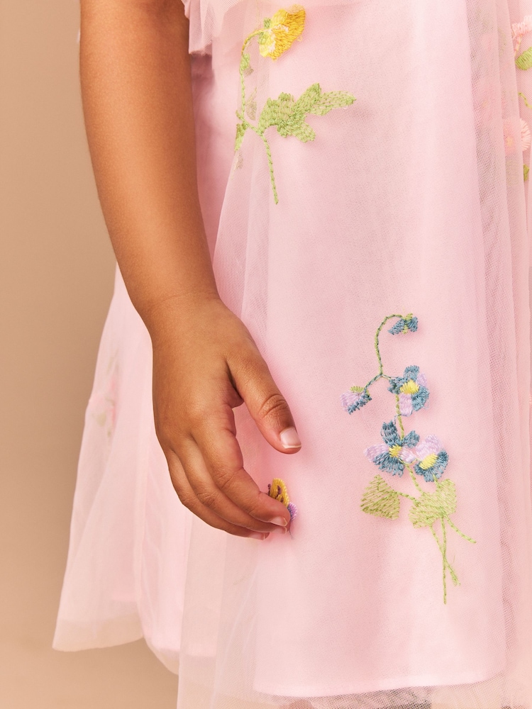 Pink Angel Sleeve Embroidered Mesh Dress (3mths-8yrs) - Image 5 of 9