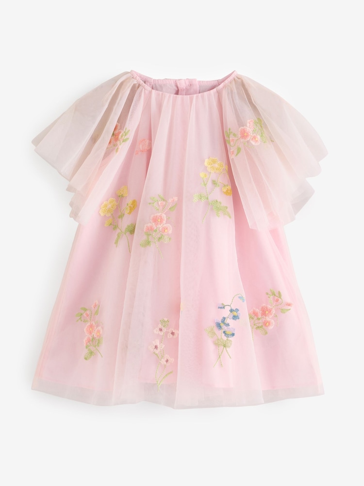 Pink Angel Sleeve Embroidered Mesh Dress (3mths-8yrs) - Image 6 of 9
