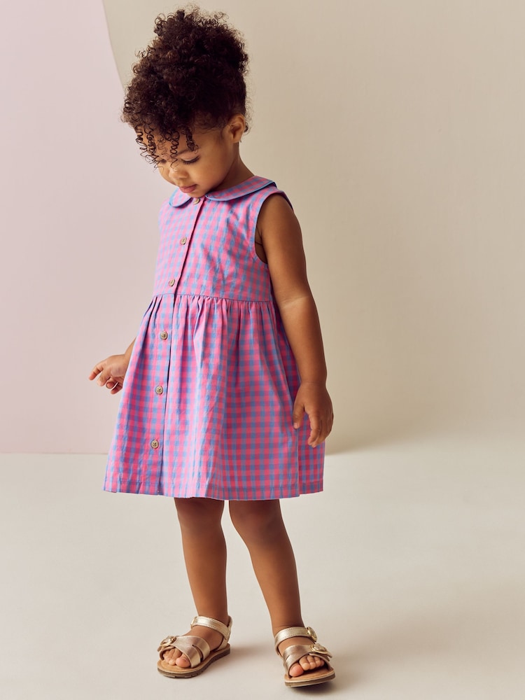 Pink/Purple Check Sleeveless Collar Summer Dress (3mths-10yrs) - Image 1 of 7