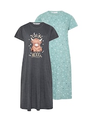 Yours Curve Grey Highland Cow Midaxi Nightdresses 2 Pack - Image 1 of 8
