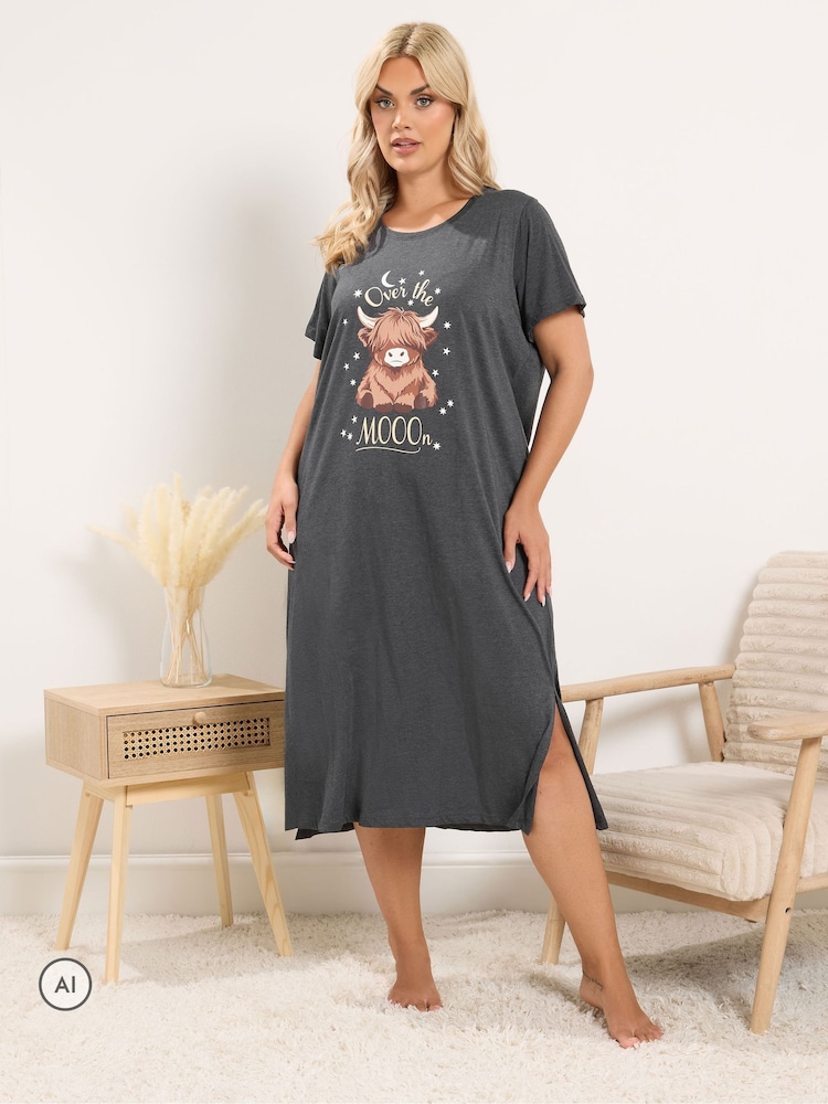 Yours Curve Grey Highland Cow Midaxi Nightdresses 2 Pack - Image 2 of 8 Yours Curve Grey Highland Cow Midaxi Nightdresses 2 Pack - Image 2 of 8