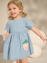 Blue/White Stripe Denim Strawberry Pocket Summer Dress (3mths-8yrs) - Image 1 of 8
