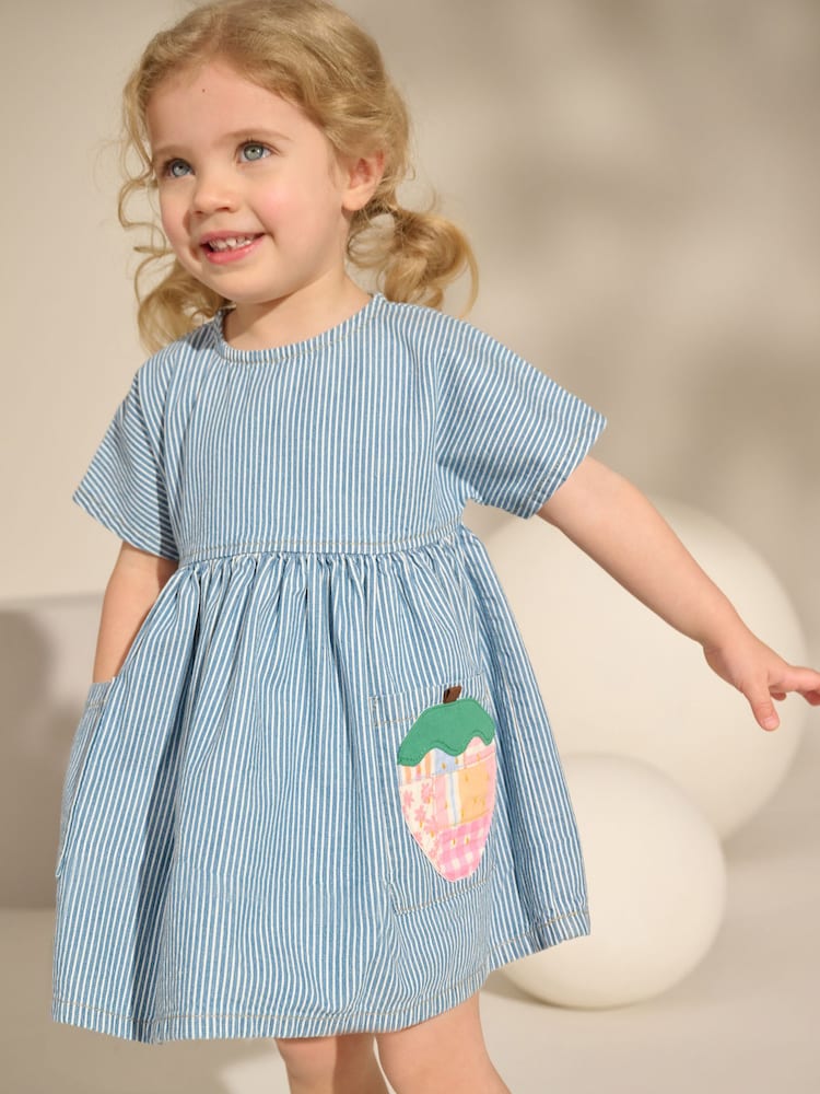 Blue/White Stripe Denim Strawberry Pocket Summer Dress (3mths-8yrs) - Image 1 of 8