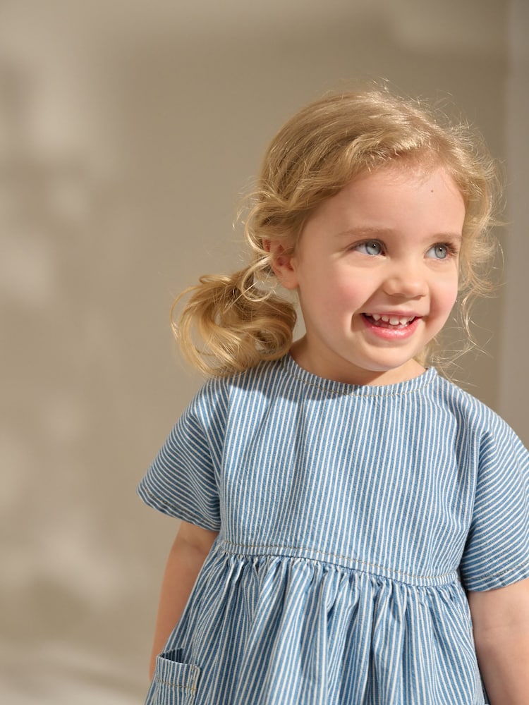 Blue/White Stripe Denim Strawberry Pocket Summer Dress (3mths-8yrs) - Image 4 of 8