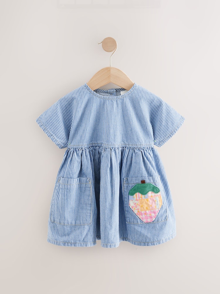 Blue/White Stripe Denim Strawberry Pocket Summer Dress (3mths-8yrs) - Image 5 of 8