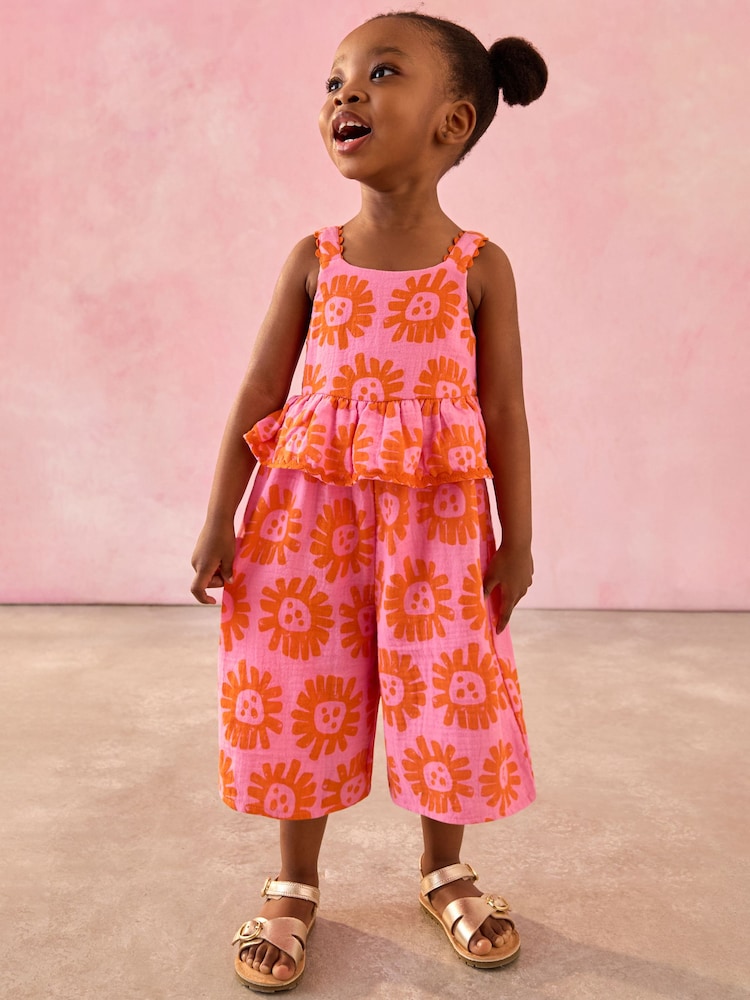Bright Pink Floral 100% Cotton Printed Playsuit (3mths-7yrs) - Image 1 of 8