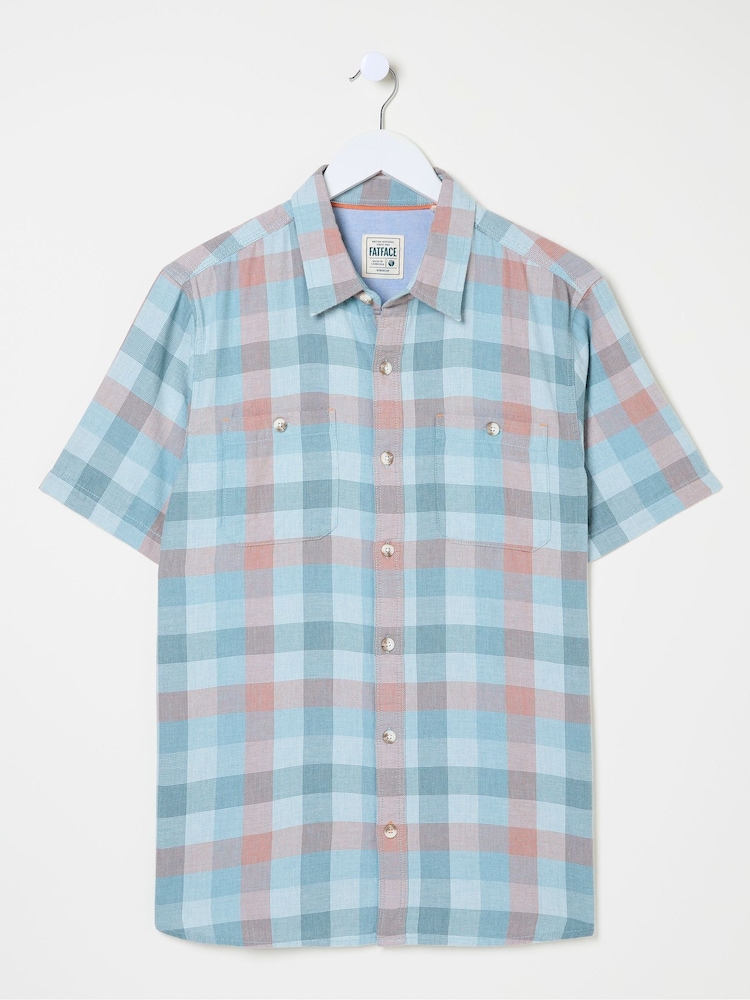 FatFace Pale Blue Short Sleeve Port Check Shirt - Image 5 of 5