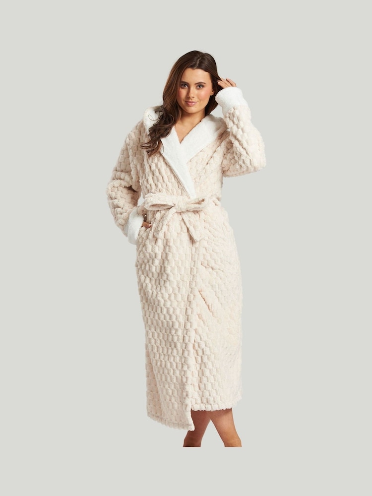 Loungeable Cream Geometric Luxury Fleece Hooded Maxi Robe - Image 2 of 4