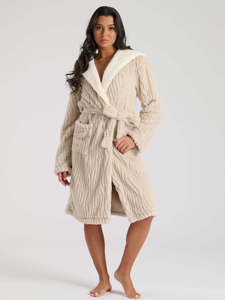 Loungeable Brown Wavy Cut Sherpa Hooded Midi Robe - Image 1 of 5