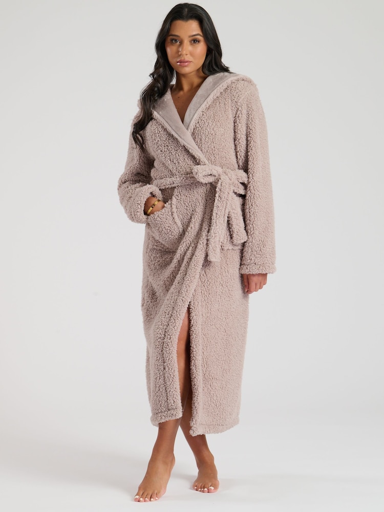 Loungeable Brown Sherpa Maxi Robe With Luxury Fleece Lined Hood - Image 1 of 5