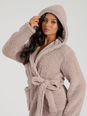 Loungeable Brown Sherpa Maxi Robe With Luxury Fleece Lined Hood - Image 3 of 5