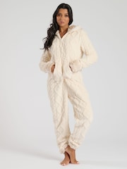 Loungeable Cream Cable Cut Sherpa With Faux Fur Trim All-In-One - Image 1 of 6