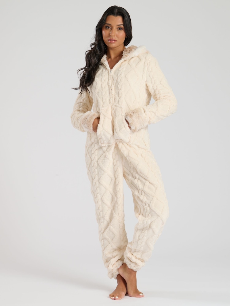 Loungeable Cream Cable Cut Sherpa With Faux Fur Trim All-In-One - Image 1 of 6