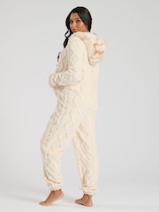 Loungeable Cream Cable Cut Sherpa With Faux Fur Trim All-In-One - Image 2 of 6