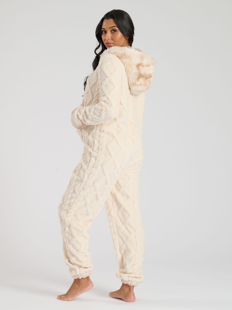 Loungeable Cream Cable Cut Sherpa With Faux Fur Trim All-In-One - Image 2 of 6