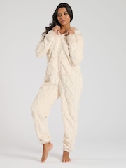 Loungeable Cream Cable Cut Sherpa With Faux Fur Trim All-In-One - Image 3 of 6