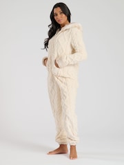 Loungeable Cream Cable Cut Sherpa With Faux Fur Trim All-In-One - Image 4 of 6