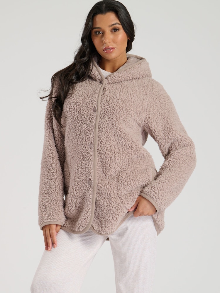 Loungeable Brown Borg Button Lounge Hooded Cardigan - Image 3 of 6
