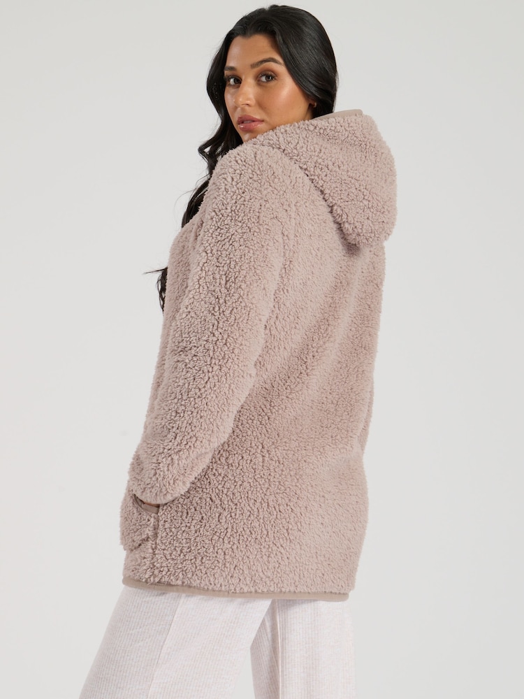 Loungeable Brown Borg Button Lounge Hooded Cardigan - Image 4 of 6