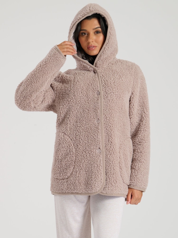 Loungeable Brown Borg Button Lounge Hooded Cardigan - Image 5 of 6