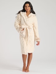 Loungeable Cream Cable Sherpa With Faux Fur Trim Midi Hooded Robe - Image 1 of 5