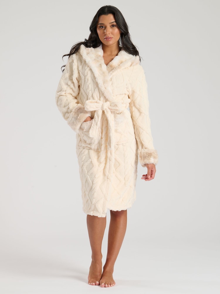 Loungeable Cream Cable Sherpa With Faux Fur Trim Midi Hooded Robe - Image 1 of 5