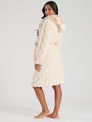 Loungeable Cream Cable Sherpa With Faux Fur Trim Midi Hooded Robe - Image 2 of 5