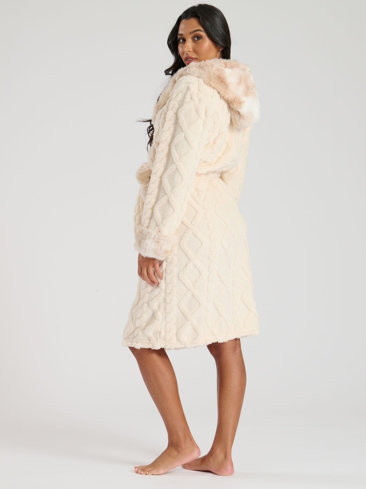 Loungeable Cream Cable Sherpa With Faux Fur Trim Midi Hooded Robe - Image 2 of 5