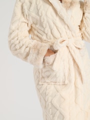 Loungeable Cream Cable Sherpa With Faux Fur Trim Midi Hooded Robe - Image 4 of 5