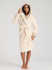 Loungeable Cream Cable Sherpa With Faux Fur Trim Midi Hooded Robe - Image 5 of 5