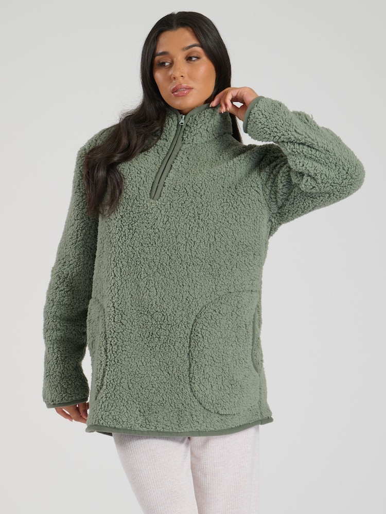 Loungeable Green Borg 1/4 Zip Jumper - Image 1 of 6